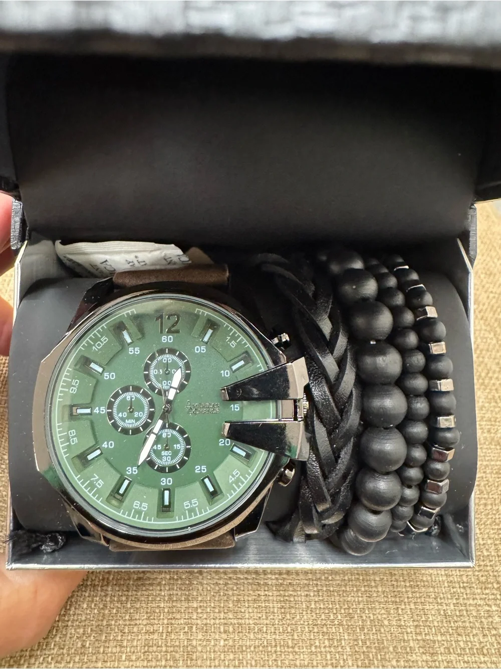 American Exchange Men's Wristwatch & Bracelet Set Green Dial Brown Leather Strap